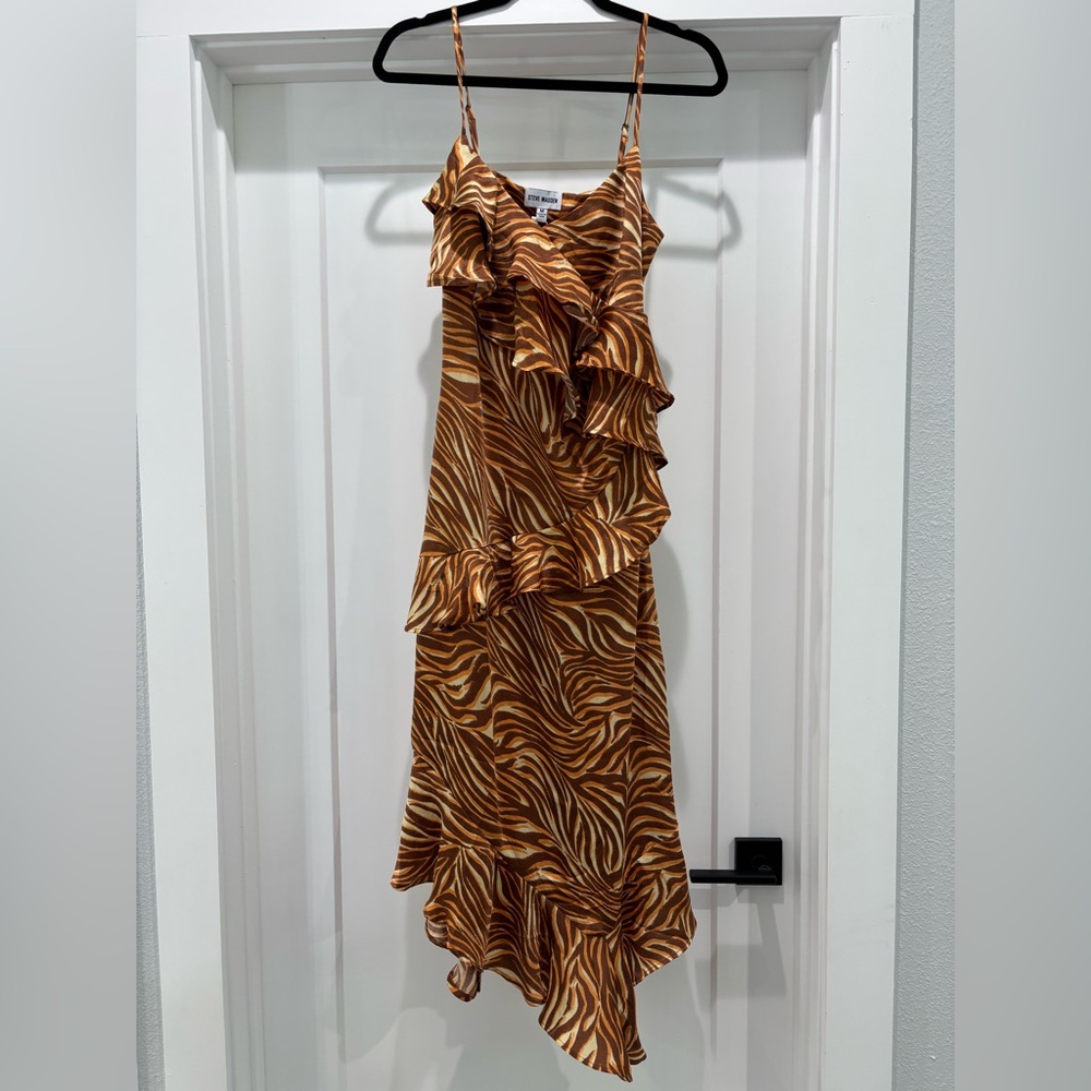 Steve Madden Brown and Cream Zebra-Print Ruffle Maxi Dress